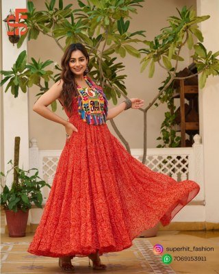 Navratri Special Bandhani Print Faux Georgette Gown with Gamathi Work  Real Mirror And Codi Lace Wholesale gowns