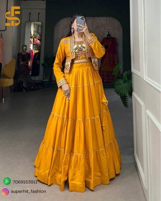 Navratri Special Jhamkudi Lehenga Choli 1606 Mustered Yellow Colour Pure Rayon with Gota Patti Shine And Gamthi Work with Cowrie Lace blouse With Jock Amavi