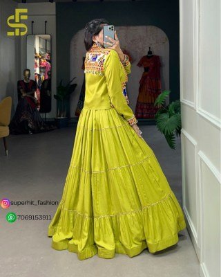 Navratri Special Jhamkudi Lehenga Choli 1606 Green Colour Pure Rayon with Gota Patti Shine And Gamthi Work with Cowrie Lace blouse With Jocket  Wholes lehenga choli