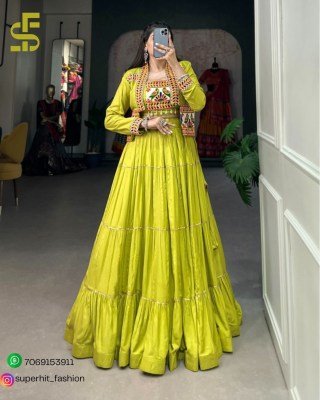 Navratri Special Jhamkudi Lehenga Choli 1606 Green Colour Pure Rayon with Gota Patti Shine And Gamthi Work with Cowrie Lace blouse With Jocket  Wholes lehenga choli