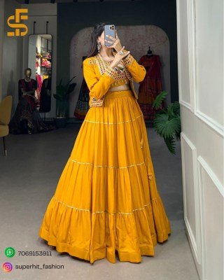 Navratri Special Jhamkudi Lehenga Choli 1606 Mustered Yellow Colour Pure Rayon with Gota Patti Shine And Gamthi Work with Cowrie Lace blouse With Jock lehenga choli