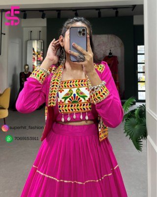 Navratri Special Jhamkudi Lehenga Choli 1606 Pink Colour Pure Rayon with Gota Patti Shine And Gamthi Work with Cowrie Lace blouse With Jocket  Wholesa lehenga choli