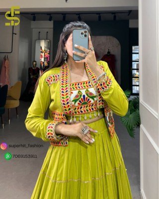 Navratri Special Jhamkudi Lehenga Choli 1606 Green Colour Pure Rayon with Gota Patti Shine And Gamthi Work with Cowrie Lace blouse With Jocket  Wholes lehenga choli