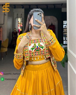 Navratri Special Jhamkudi Lehenga Choli 1606 Mustered Yellow Colour Pure Rayon with Gota Patti Shine And Gamthi Work with Cowrie Lace blouse With Jock lehenga choli