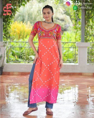 Navratri Special 1188 Kurti Printed Rayon with Authentic Kutchi Gamthi Work Pan Shape Neck Wholesale kurtis