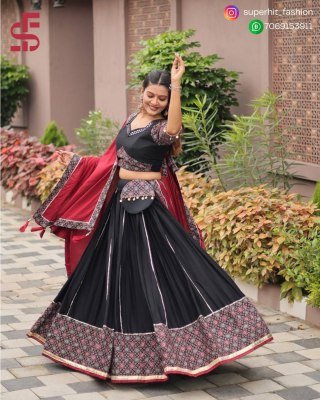 Navratri Special SHFR 110 Black Colour Pure Cotton Lehenga Choli with Heavy Mirror Work And Ajarakh Print Festive Navratri Lehenga Choli Set in Pure C lehenga choli