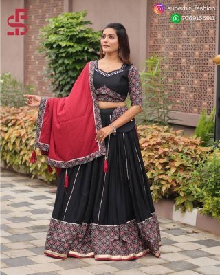 Navratri Special SHFR 110 Black Colour Pure Cotton Lehenga Choli with Heavy Mirror Work And Ajarakh Print Festive Navratri Lehenga Choli Set in Pure C lehenga choli