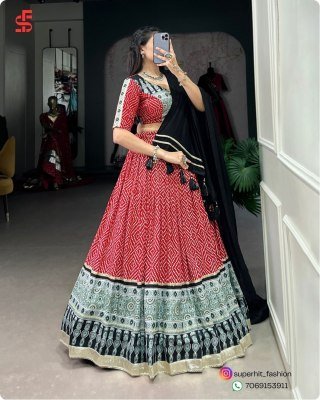 Navratri Style Icon 1712 Red Colour Lehenga Bandhej And Ajrakh Prints with Gota Lace and Chanderi Dupatta Wholesale   lehenga choli
