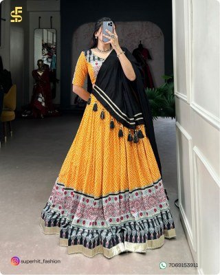 Navratri Style Icon 1712 Yellow Colour Lehenga Bandhej And Ajrakh Prints with Gota Lace and Chanderi Dupatta Wholesale   lehenga choli