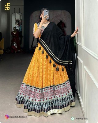 Navratri Style Icon 1712 Yellow Colour Lehenga Bandhej And Ajrakh Prints with Gota Lace and Chanderi Dupatta Wholesale   lehenga choli