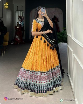 Navratri Style Icon 1712 Yellow Colour Lehenga Bandhej And Ajrakh Prints with Gota Lace and Chanderi Dupatta Wholesale   lehenga choli