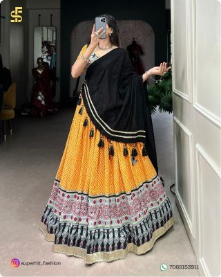 Navratri Style Icon 1712 Yellow Colour Lehenga Bandhej And Ajrakh Prints with Gota Lace and Chanderi Dupatta Wholesale   lehenga choli