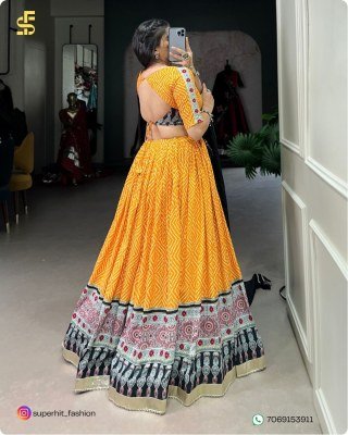 Navratri Style Icon 1712 Yellow Colour Lehenga Bandhej And Ajrakh Prints with Gota Lace and Chanderi Dupatta Wholesale   lehenga choli
