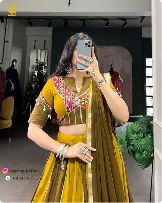 Navratri Twirl And Shine 1613 Mehendi Colour Rayon Lehenga Set  Mirror Gamthi, Gota Patti, Sequins And Cowrie Accents Georgette Dupatta Wholesale  lehenga choli