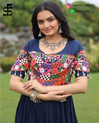 Navratri collection 9259 Navy Blue Colour gown premium rayon fabric  traditional Kutchi Gamthi work  and eye catching round neck with designer back Wh Amavi