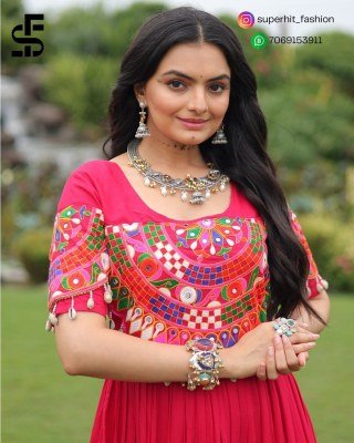 Navratri collection 9259 Pink Colour gown premium rayon fabric  traditional Kutchi Gamthi work  and eye catching round neck with designer back Wh gowns