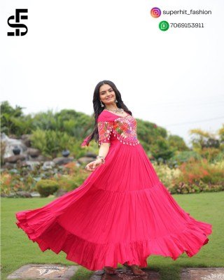 Navratri collection 9259 Pink Colour gown premium rayon fabric  traditional Kutchi Gamthi work  and eye catching round neck with designer back Wh gowns