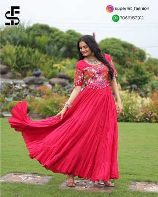 Navratri collection 9259 Pink Colour gown premium rayon fabric  traditional Kutchi Gamthi work  and eye catching round neck with designer back Wh gowns