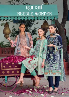 Needle wonder by Romani Premium soft cotton Digital Printed Heavy Embroidered unstitched suit catalogue in low budget wholesale catalogs