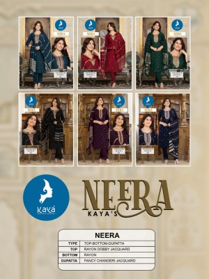 Neera by Kaya reyon Neck embroidered fancy kurti pant and dupatta catalogue at affordable rate readymade suit catalogs