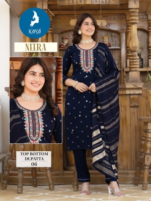 Neera by Kaya reyon Neck embroidered fancy kurti pant and dupatta catalogue at affordable rate readymade suit catalogs