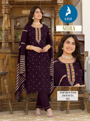 Neera by Kaya reyon Neck embroidered fancy kurti pant and dupatta catalogue at affordable rate readymade suit catalogs