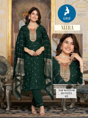 Neera by Kaya reyon Neck embroidered fancy kurti pant and dupatta catalogue at affordable rate readymade suit catalogs