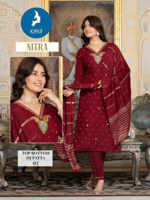 Neera by Kaya reyon Neck embroidered fancy kurti pant and dupatta catalogue at affordable rate readymade suit catalogs