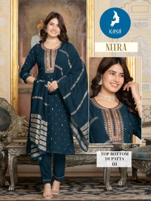 Neera by Kaya reyon Neck embroidered fancy kurti pant and dupatta catalogue at affordable rate readymade suit catalogs