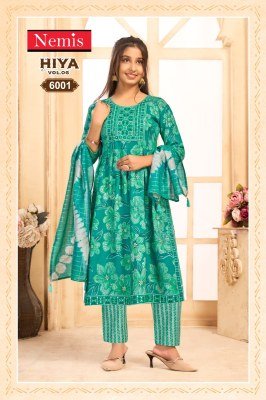 Nemis Hiya Vol 6 Readymade Nyra Cut Kurti Set Capsule Rayon Print with Embroidery Pant And Fancy Chanderi Dupatta Wholesale kurti pant with dupatta Catalogs