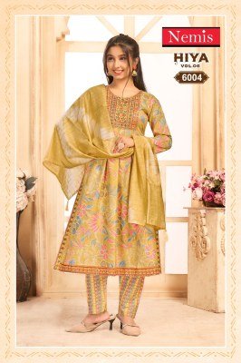 Nemis Hiya Vol 6 Readymade Nyra Cut Kurti Set Capsule Rayon Print with Embroidery Pant And Fancy Chanderi Dupatta Wholesale kurti pant with dupatta Catalogs