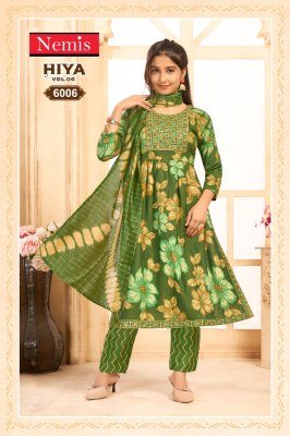 Nemis Hiya Vol 6 Readymade Nyra Cut Kurti Set Capsule Rayon Print with Embroidery Pant And Fancy Chanderi Dupatta Wholesale kurti pant with dupatta Catalogs