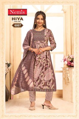Nemis Hiya Vol 6 Readymade Nyra Cut Kurti Set Capsule Rayon Print with Embroidery Pant And Fancy Chanderi Dupatta Wholesale kurti pant with dupatta Catalogs
