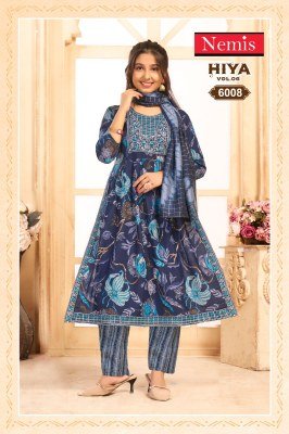 Nemis Hiya Vol 6 Readymade Nyra Cut Kurti Set Capsule Rayon Print with Embroidery Pant And Fancy Chanderi Dupatta Wholesale kurti pant with dupatta Catalogs