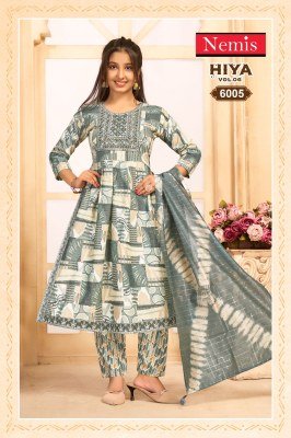 Nemis Hiya Vol 6 Readymade Nyra Cut Kurti Set Capsule Rayon Print with Embroidery Pant And Fancy Chanderi Dupatta Wholesale kurti pant with dupatta Catalogs