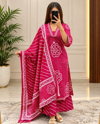 New Bandhej Cotton 60x60 3-Piece Suit Set with Heavy Embroidery  