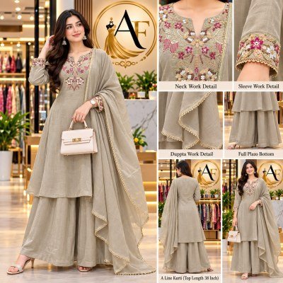 New Designer 3-Piece Pure Ruhi Crush Embroidery Palazzo Suit Set with Dupatta wholesale catalogs