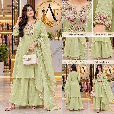 New Designer 3-Piece Pure Ruhi Crush Embroidery Palazzo Suit Set with Dupatta Size wise Combo Set