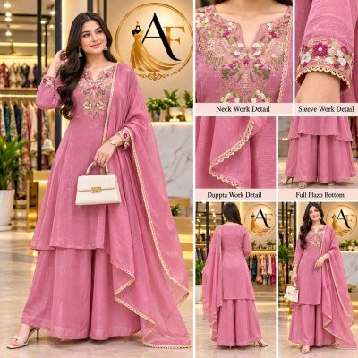 New Designer 3-Piece Pure Ruhi Crush Embroidery Palazzo Suit Set with Dupatta Size wise Combo Set