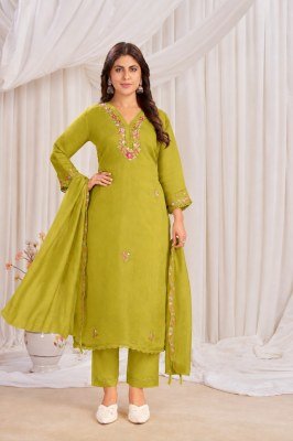 New Festival Collection Straight Fit Mul Chanderi 3-Piece Embroidered Suit Set kurti pant with dupatta Catalogs