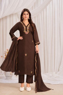 New Festival Collection Straight Fit Mul Chanderi 3-Piece Embroidered Suit Set kurti pant with dupatta Catalogs