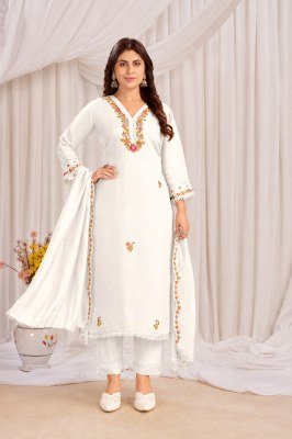 New Festival Collection Straight Fit Mul Chanderi 3-Piece Embroidered Suit Set kurti pant with dupatta Catalogs