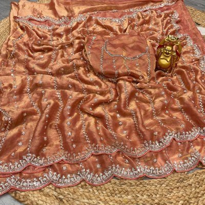 New Launch Grand Party Wear Pure Space Silk Saree with Gold Beads Blouse Piece sarees