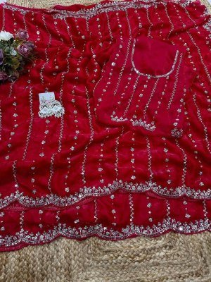 New Launch Grand Party Wear Pure Space Silk Saree with Gold Beads Blouse Piece sarees