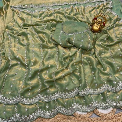 New Launch Grand Party Wear Pure Space Silk Saree with Gold Beads Blouse Piece sarees