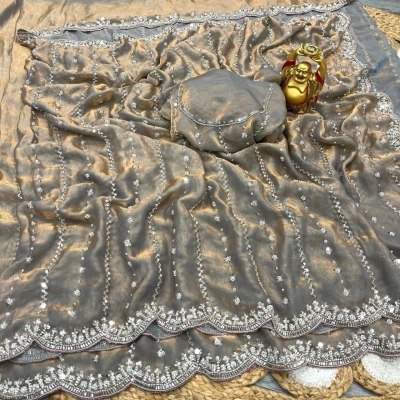 New Launch Grand Party Wear Pure Space Silk Saree with Gold Beads Blouse Piece sarees