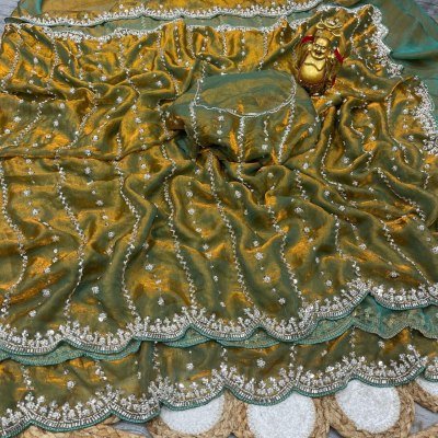 New Launch Grand Party Wear Pure Space Silk Saree with Gold Beads Blouse Piece sarees