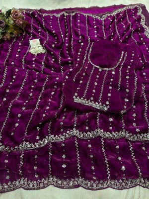 New Launch Grand Party Wear Pure Space Silk Saree with Gold Beads Blouse Piece sarees
