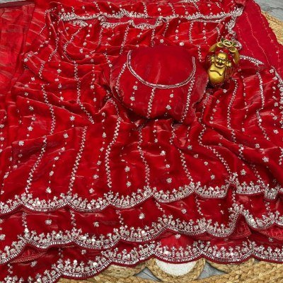 New Launch Grand Party Wear Pure Space Silk Saree with Gold Beads Blouse Piece sarees