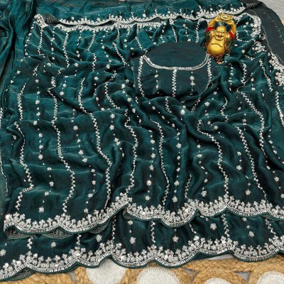 New Launch Grand Party Wear Pure Space Silk Saree with Gold Beads Blouse Piece sarees